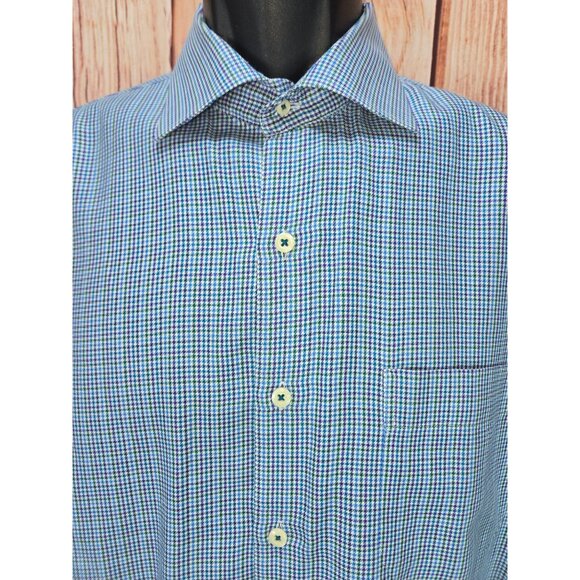 Peter Millar Mens Blue/Green Gingham Dress Shirt Large - Picture 3 of 7